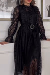 Women's elegant ruffled decorative stand collar lace dress