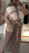 Women's Large Lapel Fur Patchwork Sleeves Contrast Color Long Coat