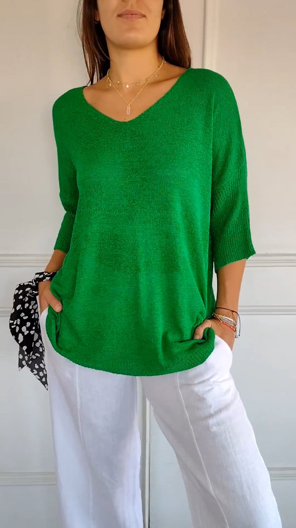 Solid Color Knitted V-neck Top