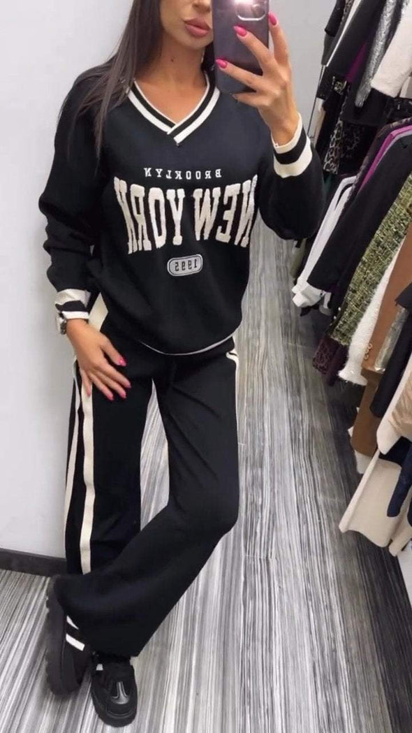 Women's V-neck Long-sleeved Lettering Two-piece Suit