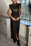 Women's elegant glossy paneled satin slit dress