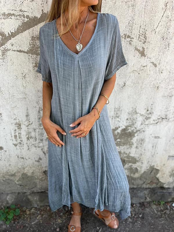 Cotton and Linen V-neck Midi Dress