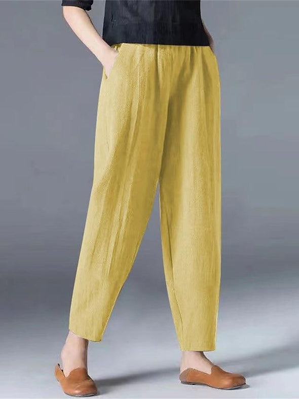 Women's Slacks Baggy Cropped  Ankle-Length Linen Pocket Elastic Mid Waist Pants