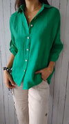 Women's Solid Color Button-down Cotton Linen Blouse Cardigan Shirt