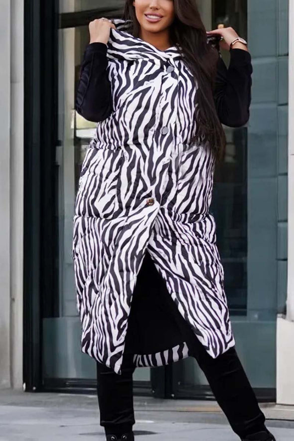 Women's Fashion Hooded Animal Print Mid-Length Sleeveless Cotton Coat