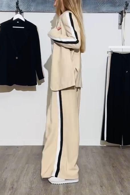 Women's Casual Solid Color Side Contrast Lapel Two-piece Suit