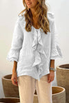 Women's casual ruffle collar cotton and linen tops