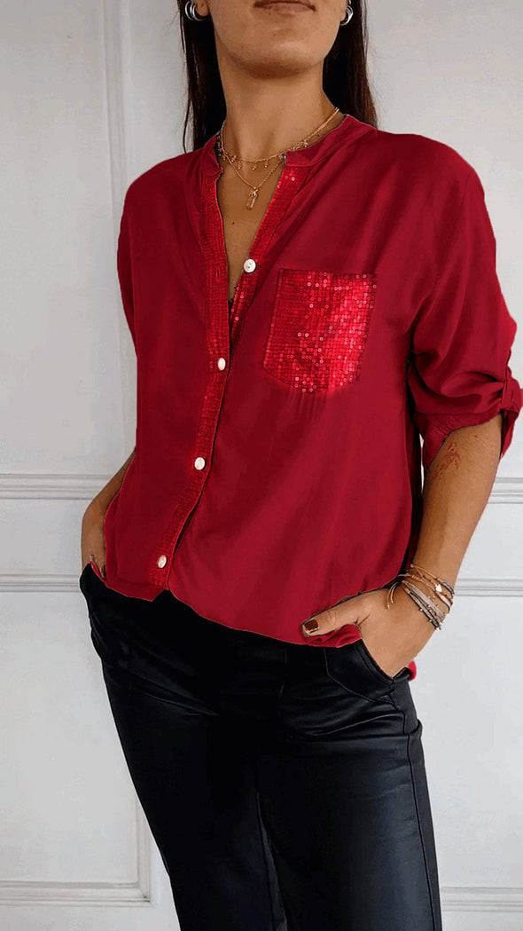 Cotton V-neck Sequin Mid-sleeve Casual Top