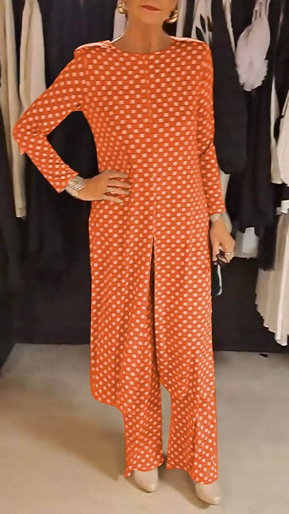 Women's Round Neck Long Sleeve Polka Dot Print Suit