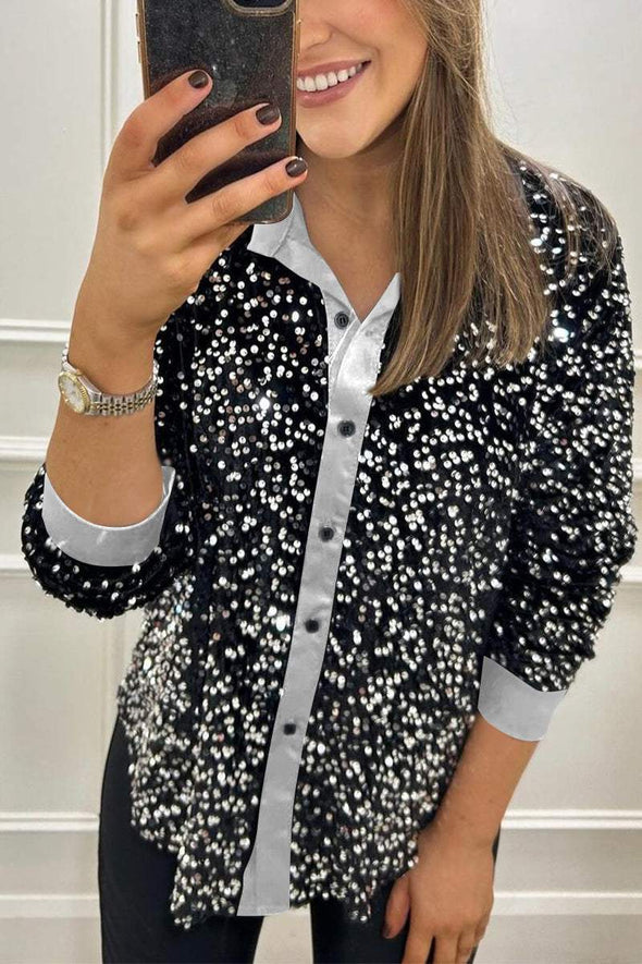 Women's Lapel Single Row Sparkly Party Shirt