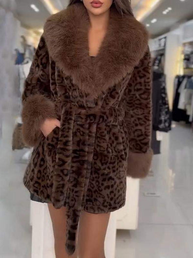 Women's Fur Leopard Print Casual Warm Coat with Large Lapel