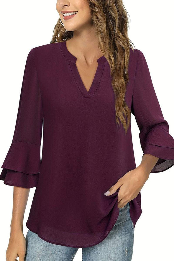 Women's Casual V-neck Solid Color Chiffon T-shirt