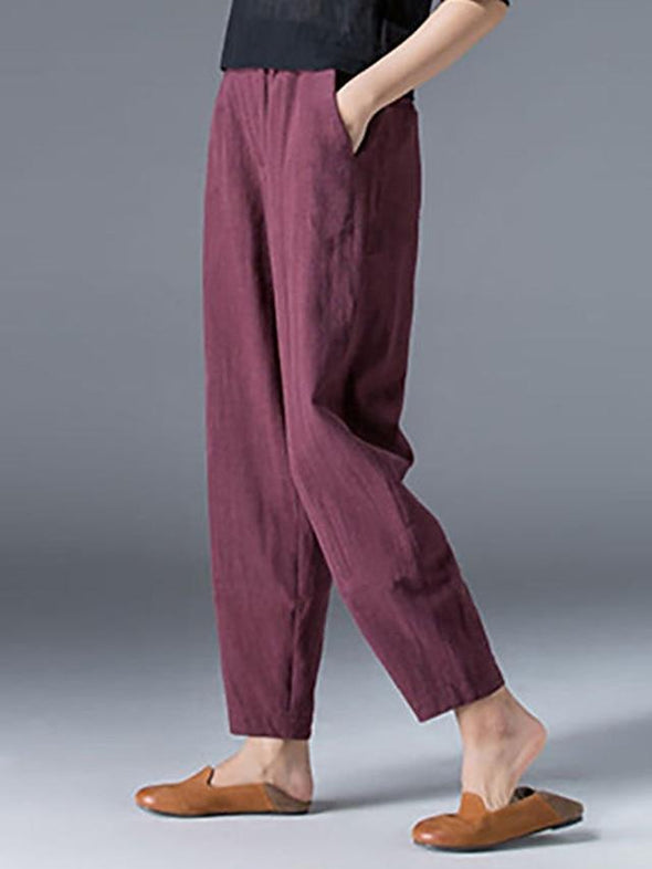 Women's Slacks Baggy Cropped  Ankle-Length Linen Pocket Elastic Mid Waist Pants