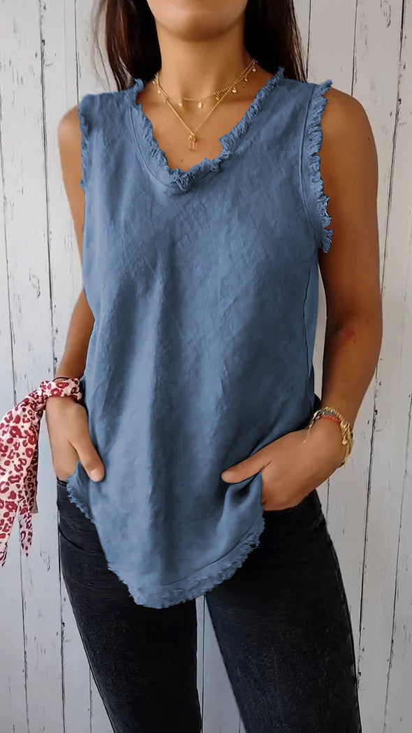 Cotton and Linen V-neck Raw Edge Design Vest