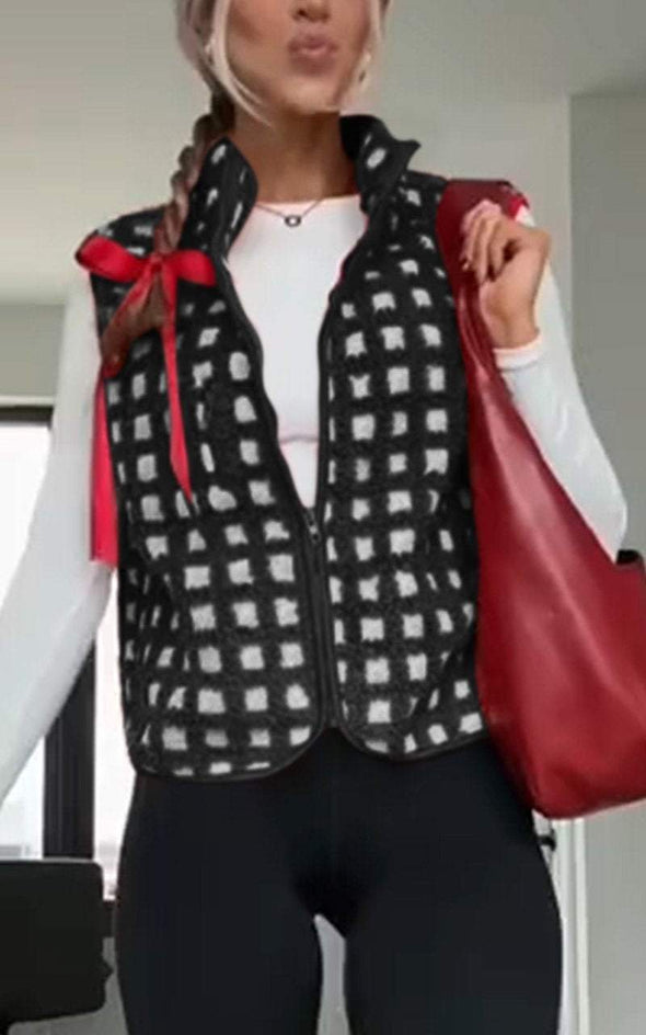 Women's casual plaid polar fleece zipper turtleneck vest