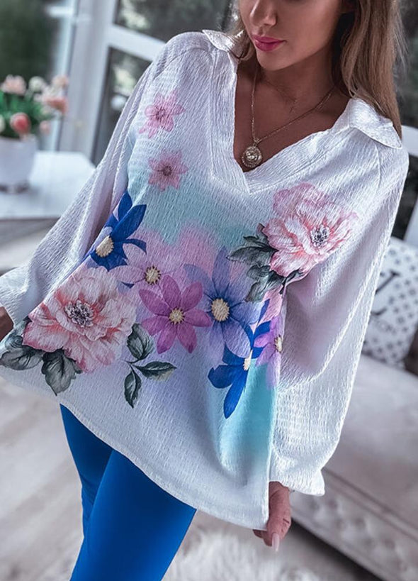 Women's Casual Floral Print V Neck Blouse