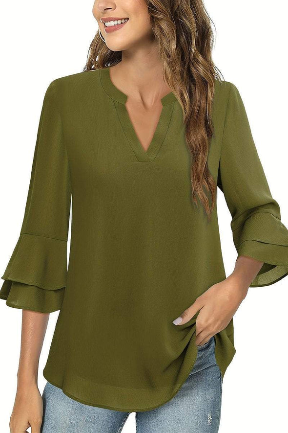 Women's Casual V-neck Solid Color Chiffon T-shirt