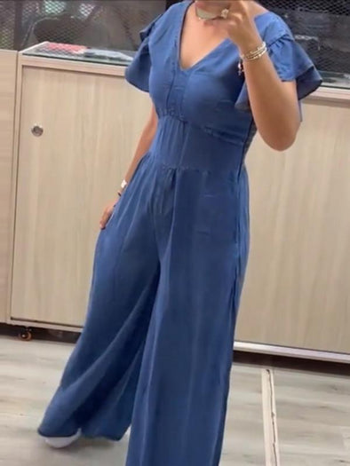 Ruffled flying sleeves waisted wide-leg denim jumpsuit