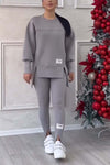 Women's Casual Solid Color Round Neck Long Sleeve Slit Hem Sweatshirt Leggings Set