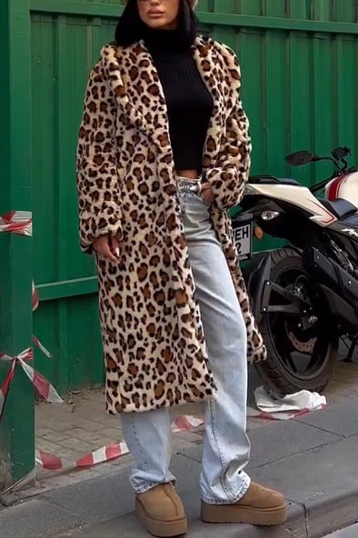 Ladies casual warm lapel leopard print coat