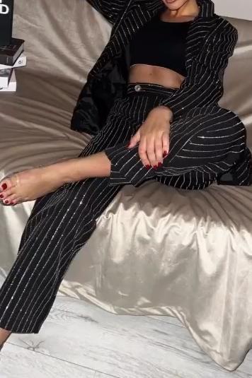 Women's Casual Striped Rhinestone Lapel Two-piece Set