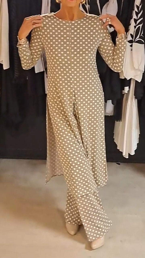 Women's Round Neck Long Sleeve Polka Dot Print Suit