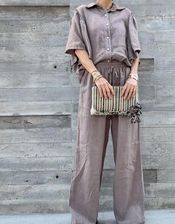 Ruffle sleeve lapel cotton and linen top + wide-leg pants two-piece set