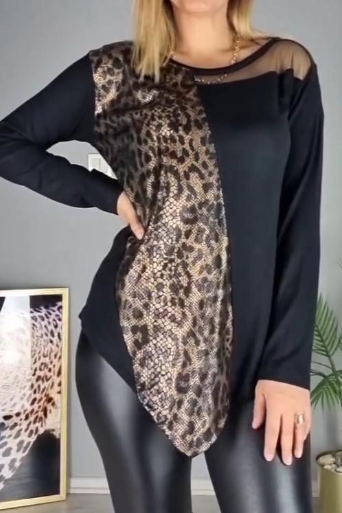 Women's Round Neck Leopard Print Patchwork Irregular Hem Top