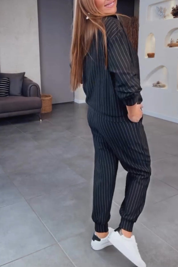 Women's Casual Striped Lapel Track Pants Suit