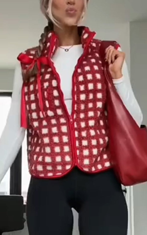 Women's casual plaid polar fleece zipper turtleneck vest