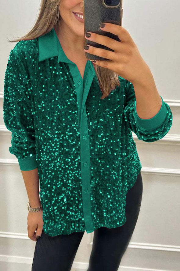 Women's Lapel Single Row Sparkly Party Shirt