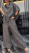 Women's Round Neck Mid-length Sleeve Plaid Print Casual Two-piece Suit