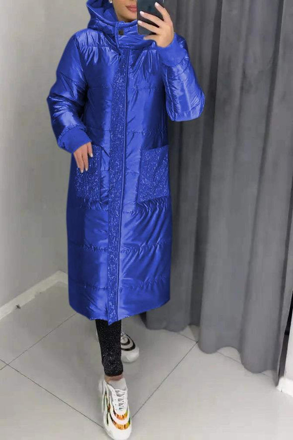 Women's Casual Warm Hooded Sequined Patchwork Long Cotton Jacket