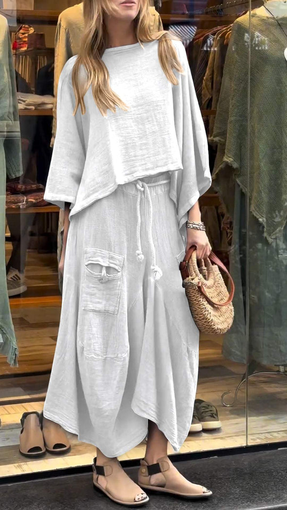 Women's Round Neck Mid-length Sleeve Casual Cotton and Linen Suit