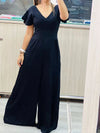 Ruffled flying sleeves waisted wide-leg denim jumpsuit