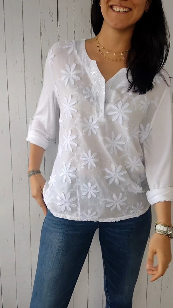 Three-dimensional Flower Design Cotton and Linen Shirt