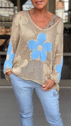 Floral Pattern Knitted Cutout V-neck Blouse