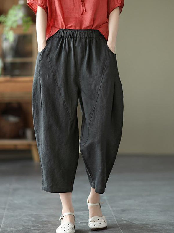 Art Loose Patchwork Solid Color Cotton Linen Elastic Waist Haren Pants