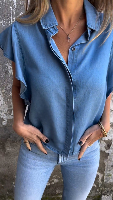 Women's Ruffled Sleeve Lapel Shirt Cotton Linen Blue Shirt