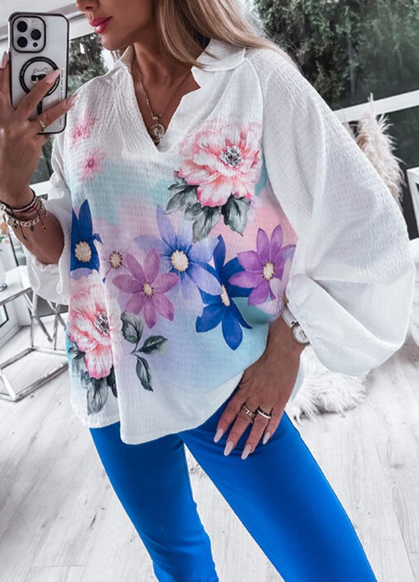 Women's Casual Floral Print V Neck Blouse