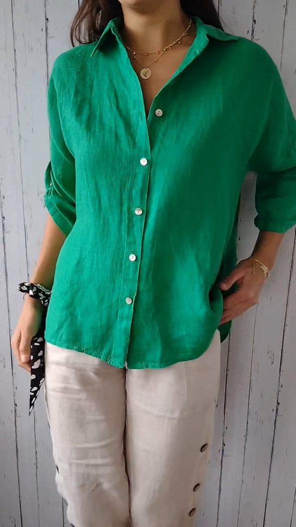 Women's Solid Color Button-down Cotton Linen Blouse Cardigan Shirt