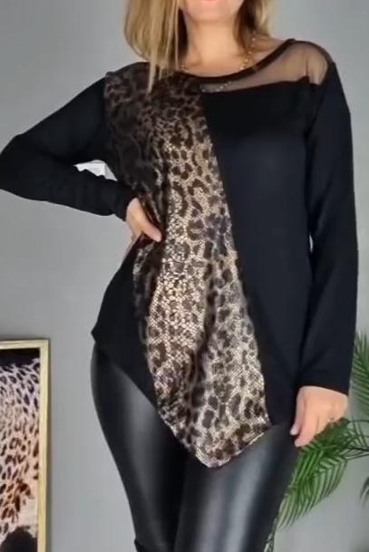 Women's Round Neck Leopard Print Patchwork Irregular Hem Top