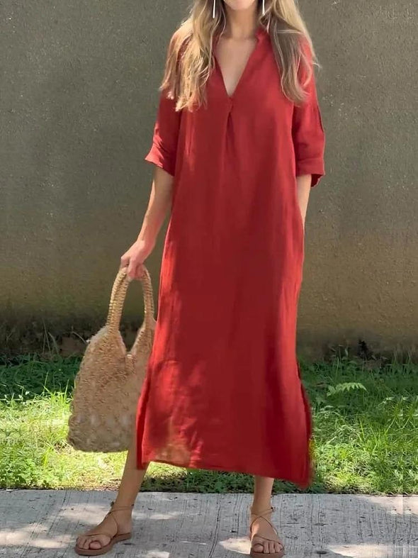 Women's V-neck Mid-sleeve Cotton and Linen Dress