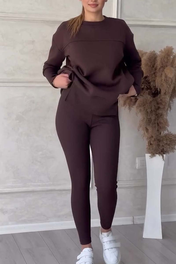 Women's Casual Solid Color Round Neck Long Sleeve Slit Hem Sweatshirt Leggings Set