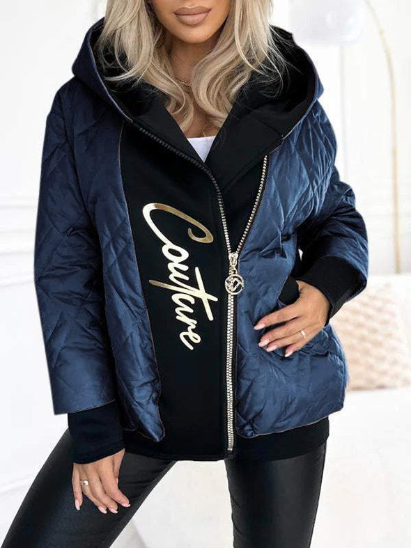 Women's Hooded Zipper Stitching Contrast Color Letter Print Casual Cotton Coat