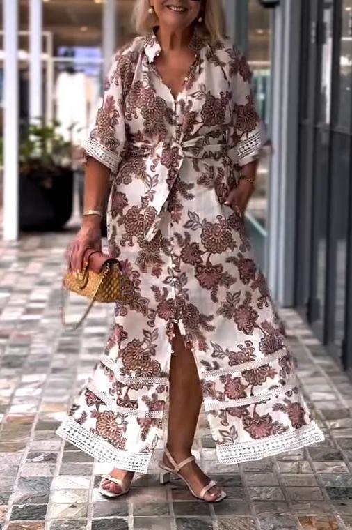 Women's Casual V-neck Lace Patchwork Floral Print Dress