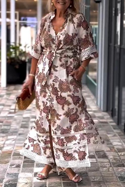 Women's Casual V-neck Lace Patchwork Floral Print Dress