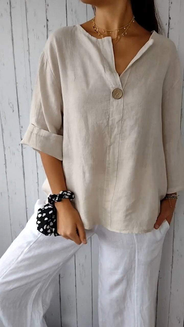 V-neck Mid-sleeve Cotton and Linen Top