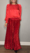 Women's Round Neck Satin Top + Sequined Skirt Set