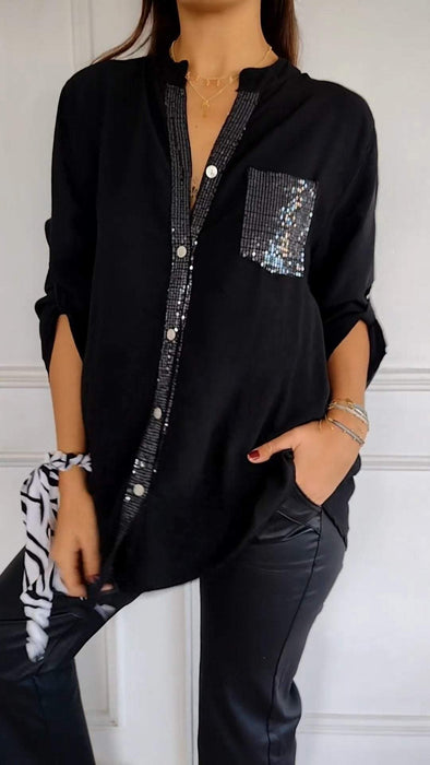 Cotton V-neck Sequin Mid-sleeve Casual Top